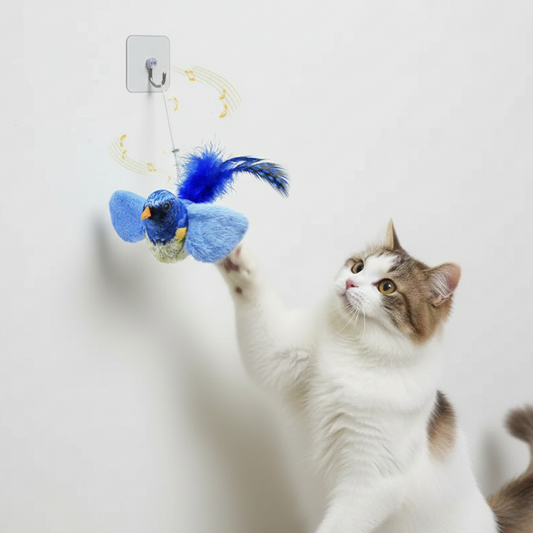 Blue Bird Wall Hanging Cat Toy with Faux Feather Tail | Interactive Chase & Play Toy