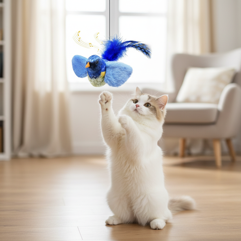 Blue Bird Wall Hanging Cat Toy with Faux Feather Tail | Interactive Chase & Play Toy