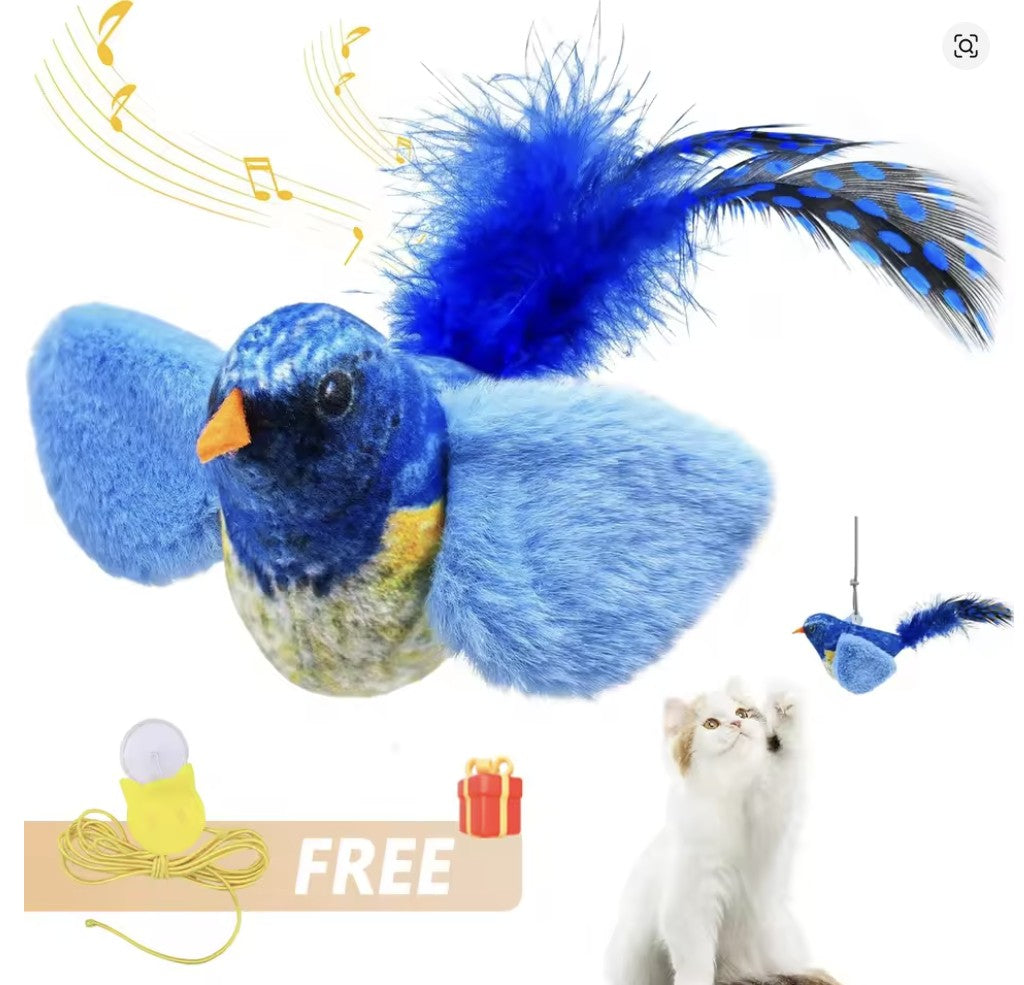Blue Bird Wall Hanging Cat Toy with Faux Feather Tail | Interactive Chase & Play Toy