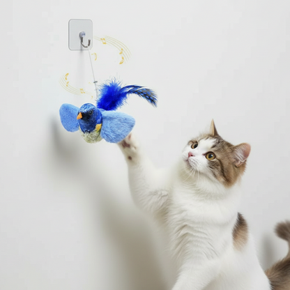 Blue Bird Wall Hanging Cat Toy with Faux Feather Tail | Interactive Chase & Play Toy